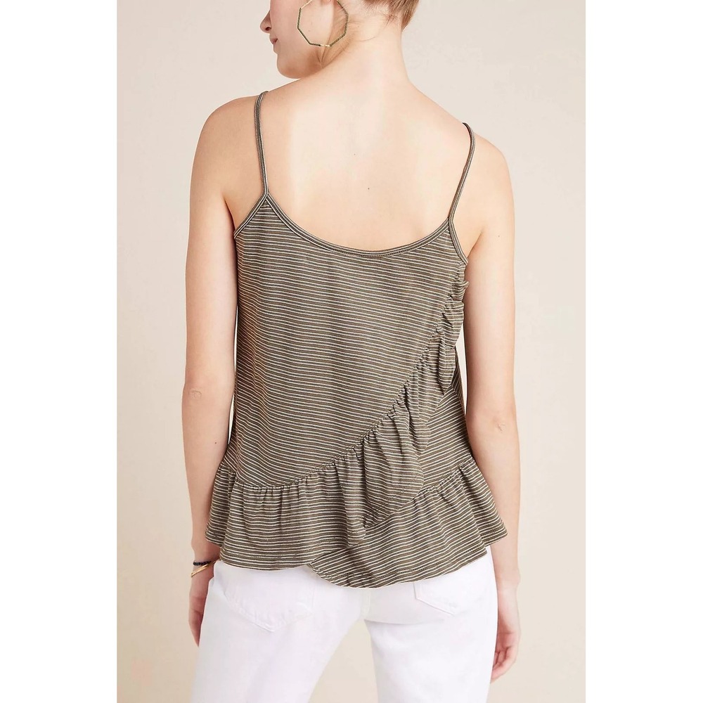 Anthropologie Striped Ruffle Peplum Cami Tank Top Olive Green Small - Picture 2 of 8